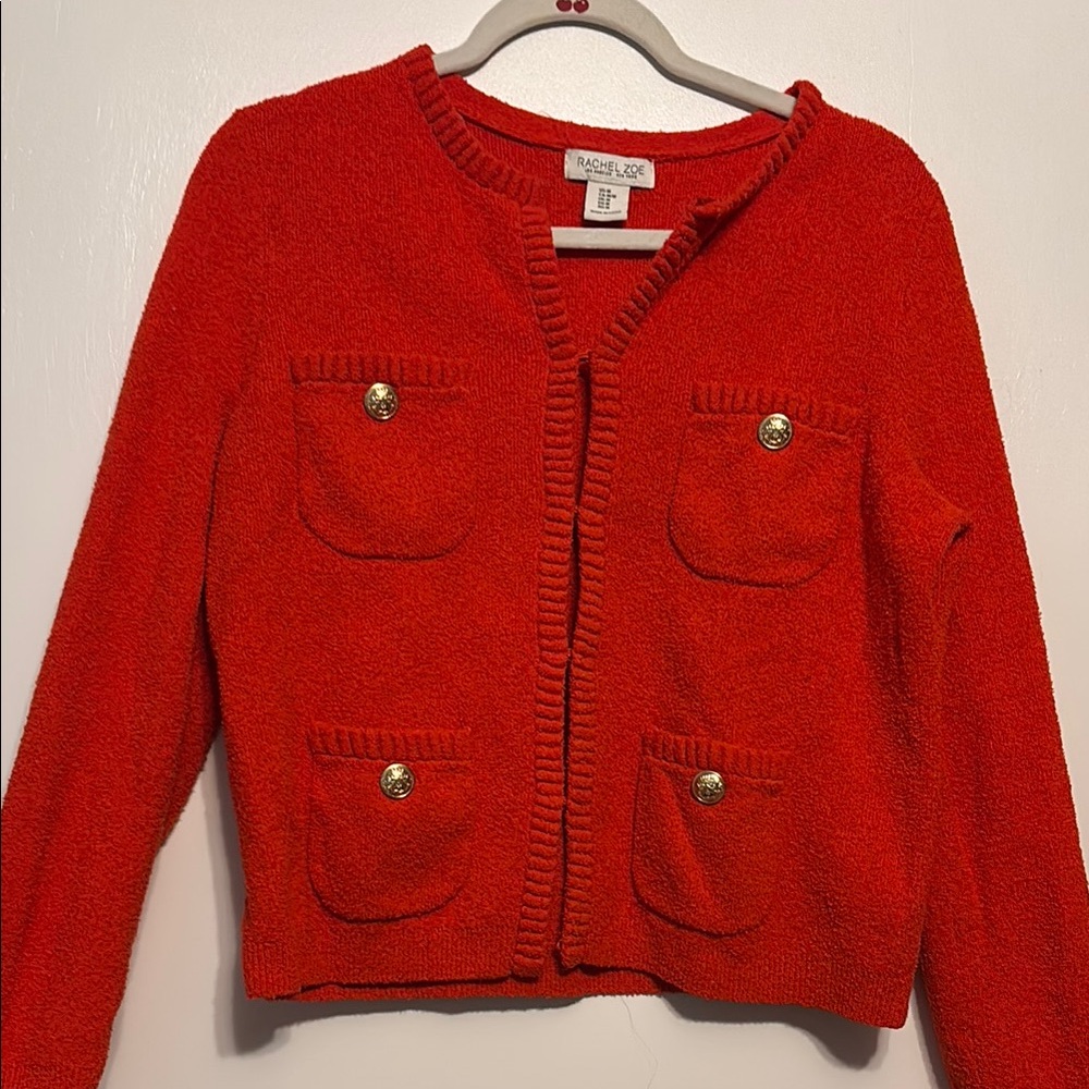 Rachel Zoe Vibrant Red Knit Sweater with Gold Accents